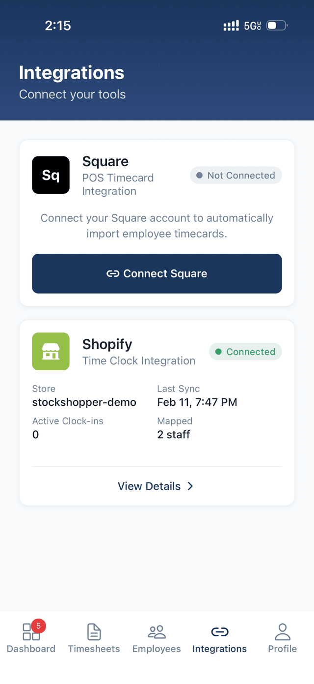 Integrations screen showing Square and Shopify connections