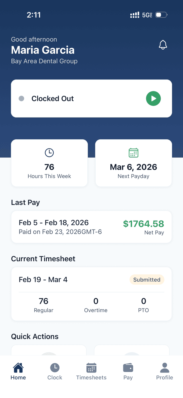 Employee home screen showing clock status, hours worked, and last pay of $1,764.58