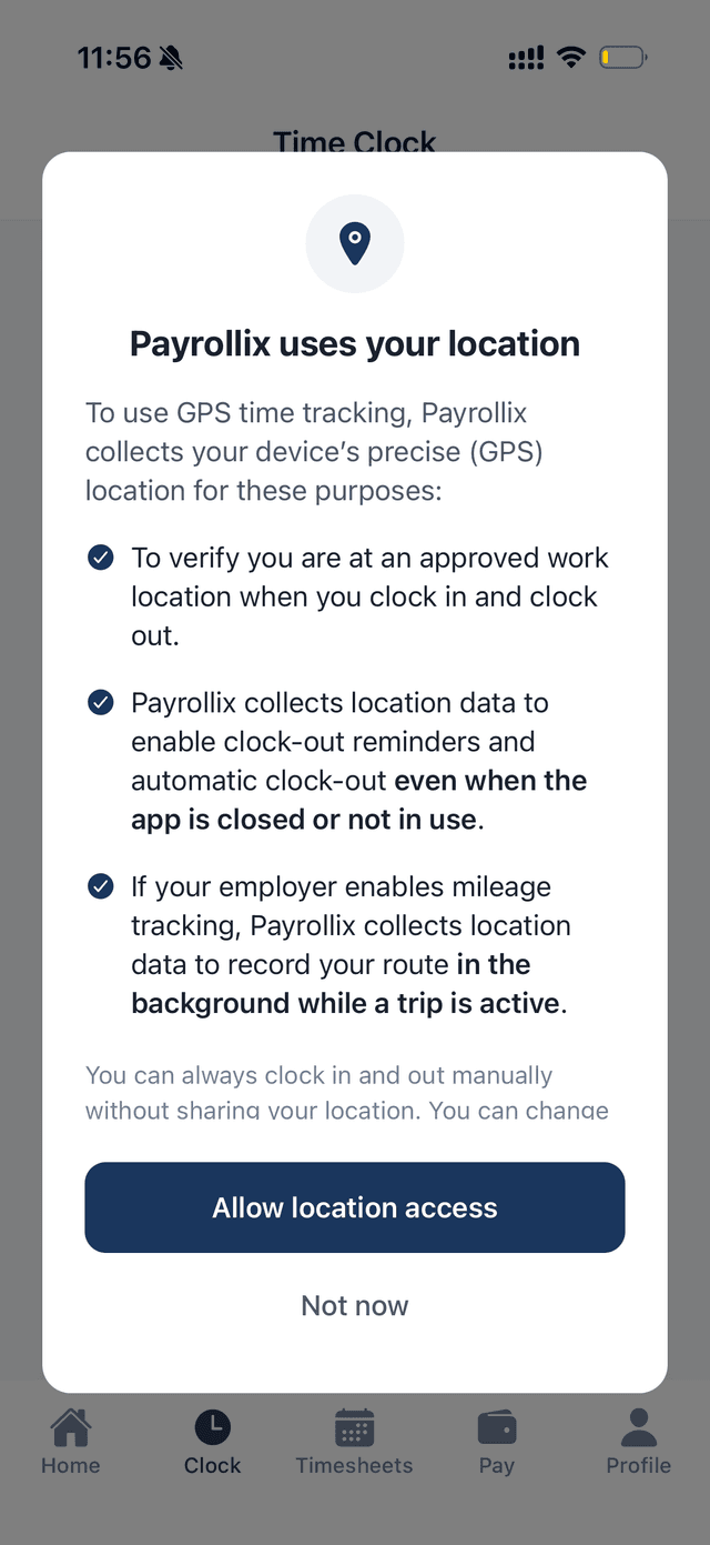 Mobile prompt explaining why Payrollix uses location, with allow and not-now options